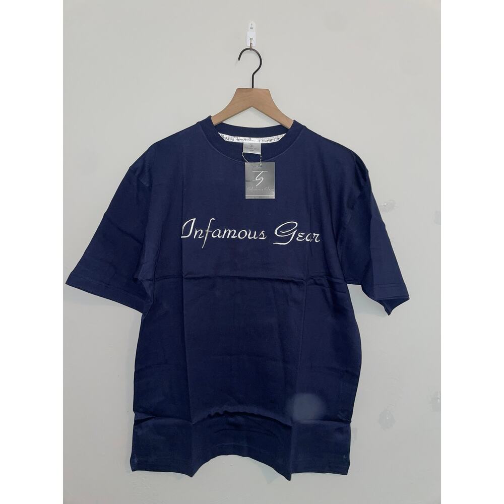 NWT 2000s Infamous Gear Blue White Script Shirt Tee Y2K L Large